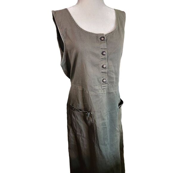 90s Vintage Cargo Dress Khaki Green Pockets Button Front Maxi Cotton Tie Back16 - Picture 4 of 6